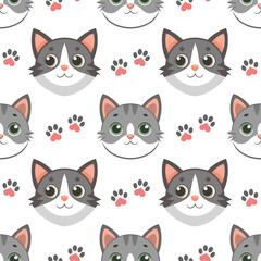 Obraz premium Seamless pattern, cute cat faces with paw prints. Kittens seamless pattern. Cute background for kids.