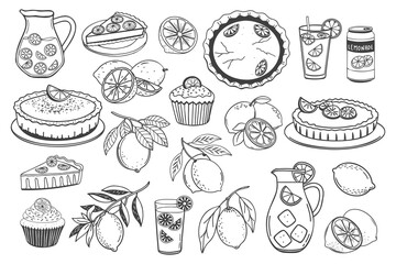 Set of hand drawn illustrations of lemonade and lemon desserts. Lemons, lemonade, lemon pie, cake, cupcake. Hand drawn sketch illustration.