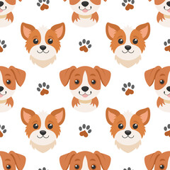 Seamless pattern, cute dog faces with paw prints. Puppies seamless pattern. Cute background for kids.