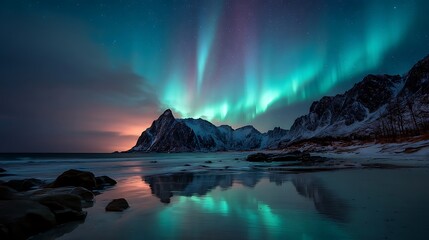 Naklejka premium Aurora borealis over a winter beach