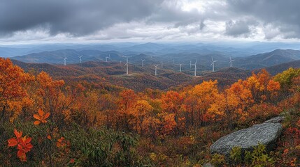 Autumn mountain landscape with wind turbines and vibrant foliage under cloudy sky