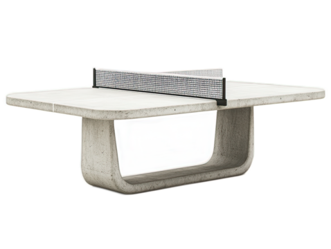 Concrete table tennis table with metal net, permanent outdoor recreation station, park entertainment furniture, white background