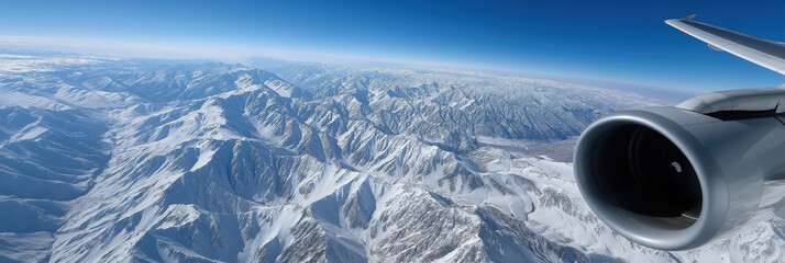 A plane is flying over a snowy mountain range. The view is breathtaking and the mountains are covered in snow