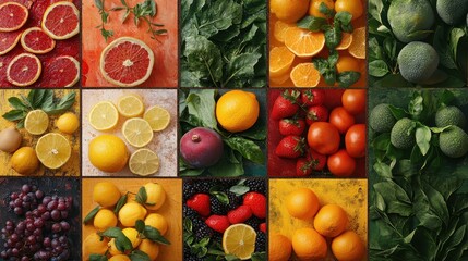 Vibrant assortment of fresh fruits and vegetables in colorful arrangements