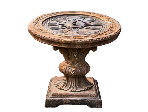 Decorative sundial on ornate pedestal, time-telling garden feature, decorative park furniture, white background