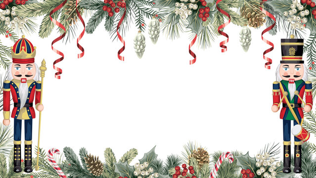 Nutcracker, fir branch, cone, candy cane, mistletoe and serpentine winter frame. Merry Christmas, New Year wallpaper.