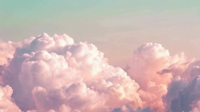 A beautiful pink sky with fluffy clouds. The sky is a mix of blue and pink, creating a serene and calming atmosphere. The clouds are scattered throughout the sky, with some larger