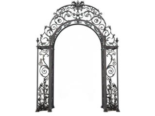 Decorative gateway arch with intricate metalwork, park entrance structure, welcoming threshold furniture, white background