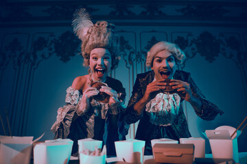 A Couple in Baroque Costumes Enjoying Modern Fast Food Under Neon Lights in a Vintage Palace Setting