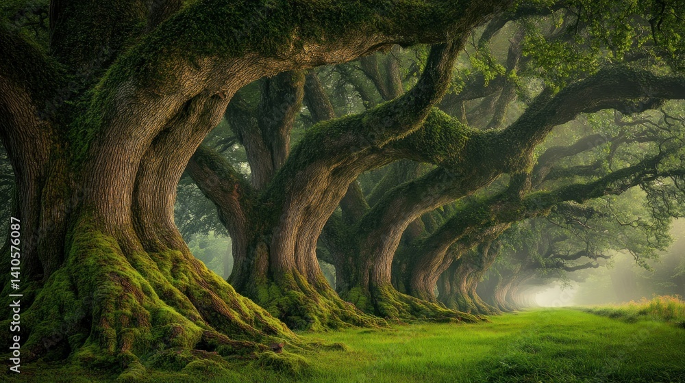 Poster a line of moss covered large trees arches over a path