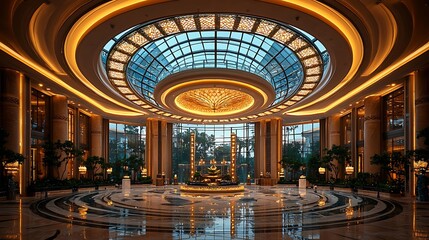 Obraz premium Luxury lobby with circular chandelier ceiling high resolution picture