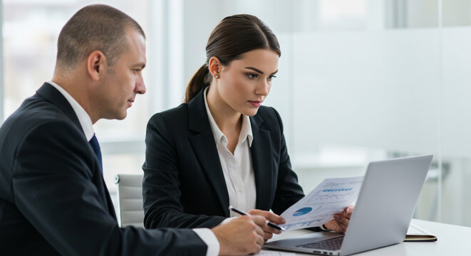 Business colleagues reviewing financial data serious expressions bright office setting laptop and