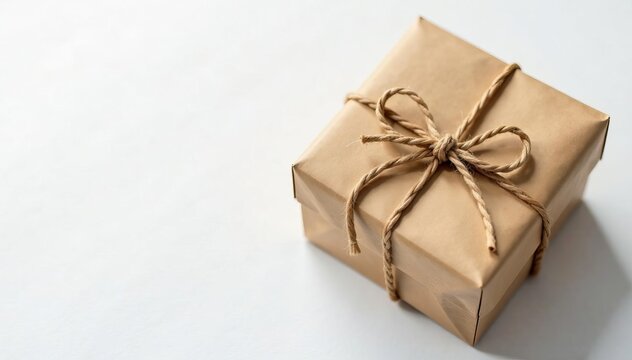 Vintage brown paper parcel with rustic twine bow on white backdrop, package, decoration, retro