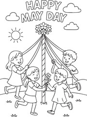 happy may day celebration with children dancing around a maypole and flowers coloring page