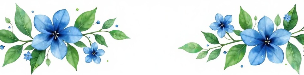Watercolor blue and navy flower garland with green leaves on white background, leaves, navy, flower