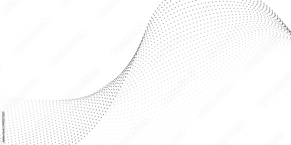 Poster flowing wave dot particles halftone pattern black gradient curve shape isolated on transparent backg