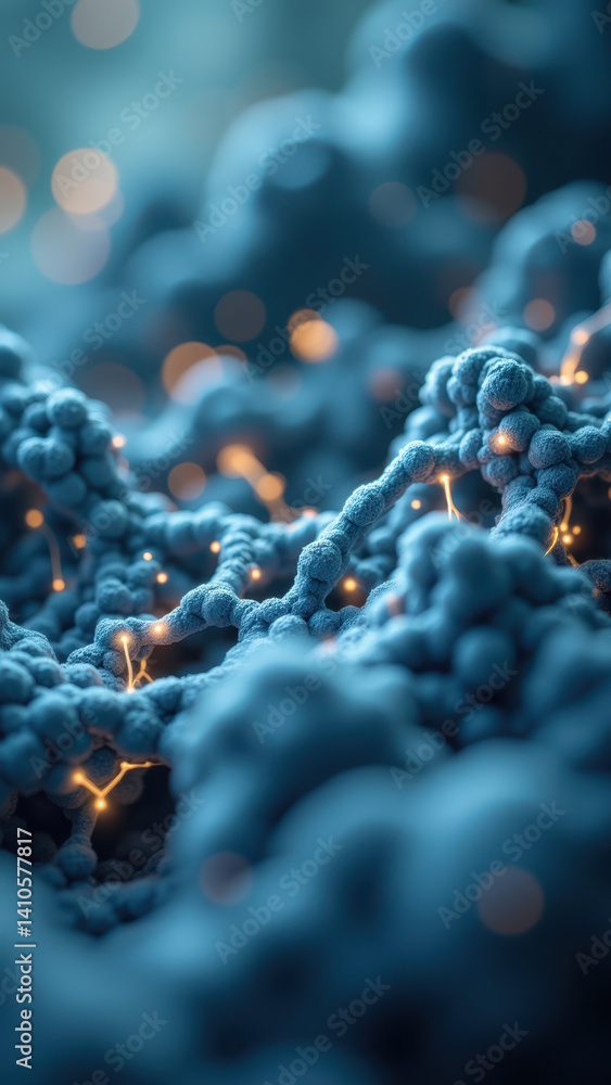 Poster high magnification view of a cluster of cells with glowing spots, representing glucose particles and