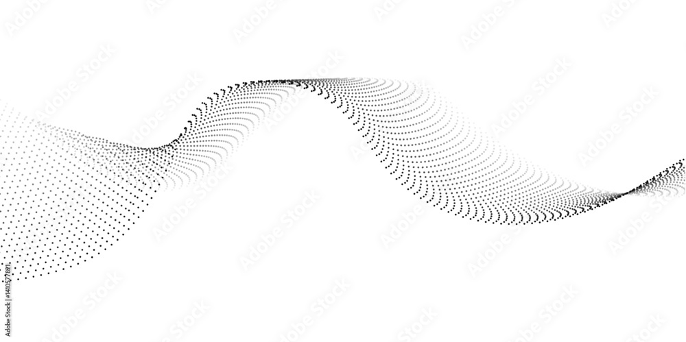 Poster flowing dot wave halftone gradient pattern on transparent background and uniquely formed abstract bl