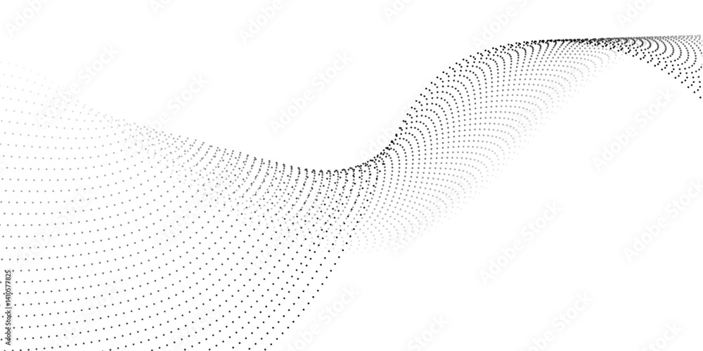 Poster flowing wave dot particles halftone pattern black gradient curve shape isolated on transparent backg