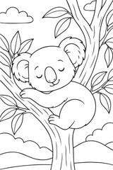 koala sleeping peacefully on a tree branch with leaves and clouds in the background coloring page