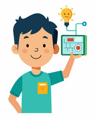 A young boy proudly holds up a circuit diagram he created following stepbystep instructions to build his own mini speaker system.. Vector illustration