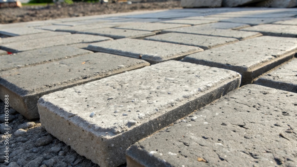 Aufkleber A closeup features the texture of freshly manufactured concrete pavers made from recycled material showing the unique patterns and finishes evident in the rectangular blocks.