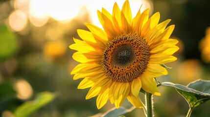 Obraz premium A vibrant sunflower blossoms in the golden light of the setting sun.