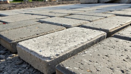 A closeup features the texture of freshly manufactured concrete pavers made from recycled material showing the unique patterns and finishes evident in the rectangular blocks.