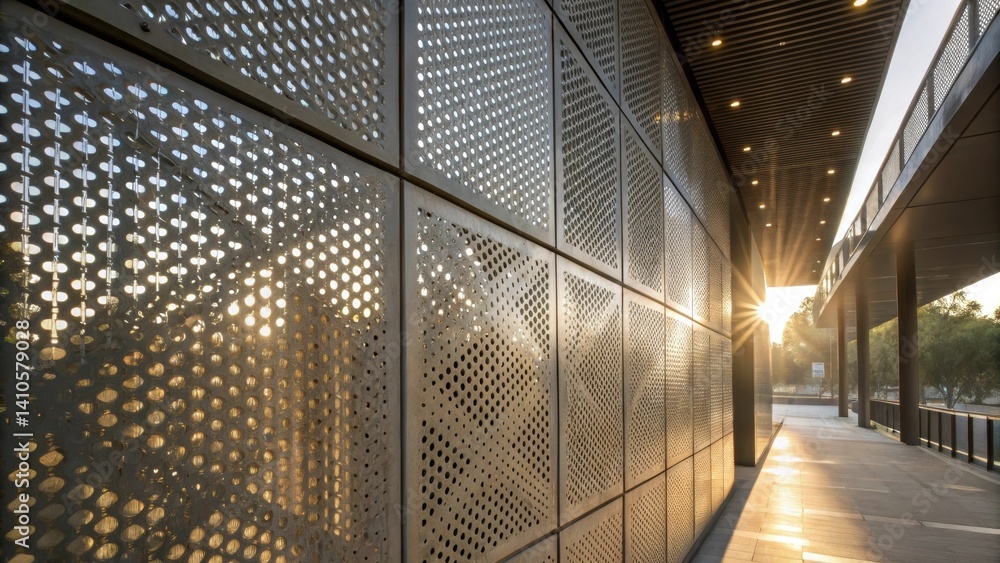 Aufkleber A closeup image capturing the texture and design of a kinetic faÃ§ade comprised of perforated metal sheets where sunlight filters through to create a pattern of light play on the