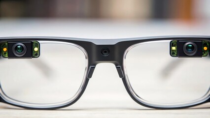 A closeup image capturing the intricacies of the glasses frame revealing integrated sensors and cameras designed to capture and analyze realtime environmental data.