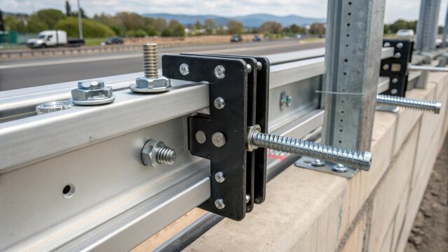 A closeup image capturing the mounting hardware of the barrier showing screws and brackets that secure the integrated sensors against a backdrop of the barriers solid frame.