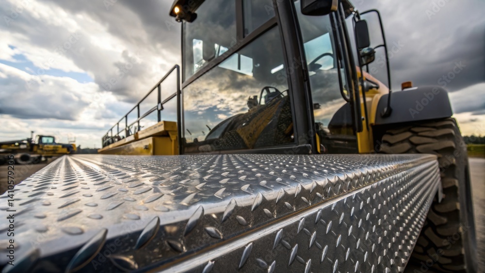 Aufkleber A closeup image of textured metal surfaces on the cab of an autonomous loader with reflections of surrounding machinery and a cloudy sky mirrored in the polished finish.