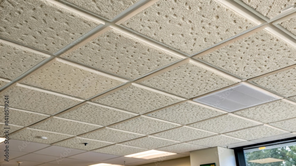 Aufkleber A closeup image of an innovative ceiling tile made from sustainable soundproofing material highlighting its textured surface that enhances both sound absorption and visual design.