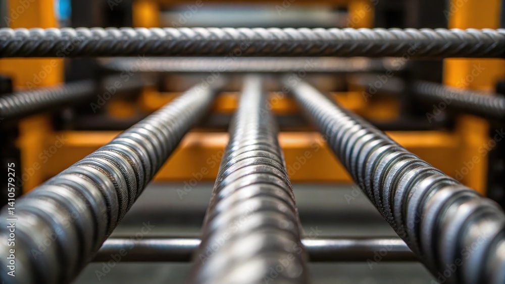 Poster A closeup image of the machines feed mechanism capturing the smooth rolling of the rebar as it enters the bending chamber focusing on the textured surface of the steel.