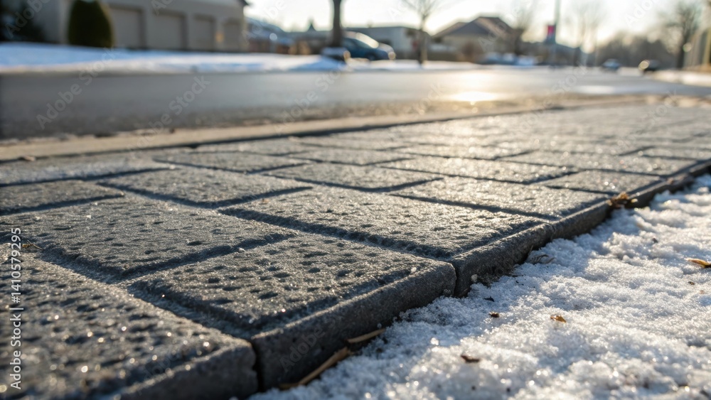 Poster a closeup image revealing an innovative composite paving material with a textured surface that helps