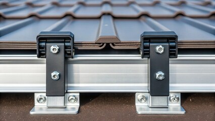 A closeup image of the mounting brackets securing a panel to a roof displaying robust construction and the potential for tilt adjustments.