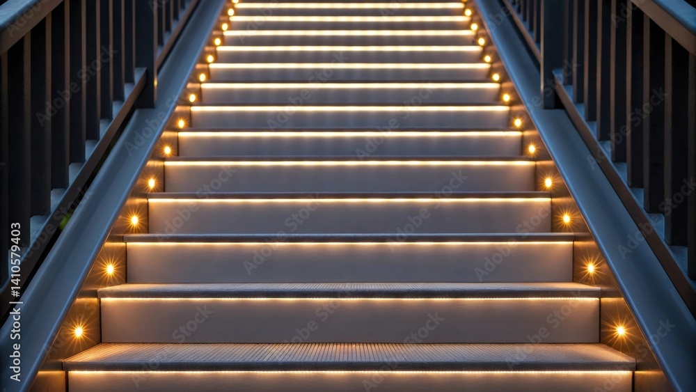 Poster A closeup of a 3Dprinted stair railing that incorporates lighting with embedded LED strips illuminating the edges casting a soft glow that enhances its modern aesthetic at night.
