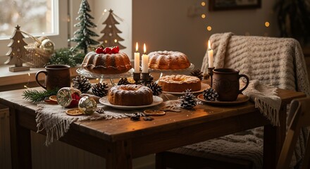 Fototapeta premium 温かい光とクリスマスケーキ 穏やかな食卓風景