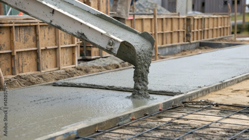 Poster A closeup of a concrete pour against a backdrop of reusable formwork capturing the smooth surface of the concrete and the siness of the panels holding the shape.