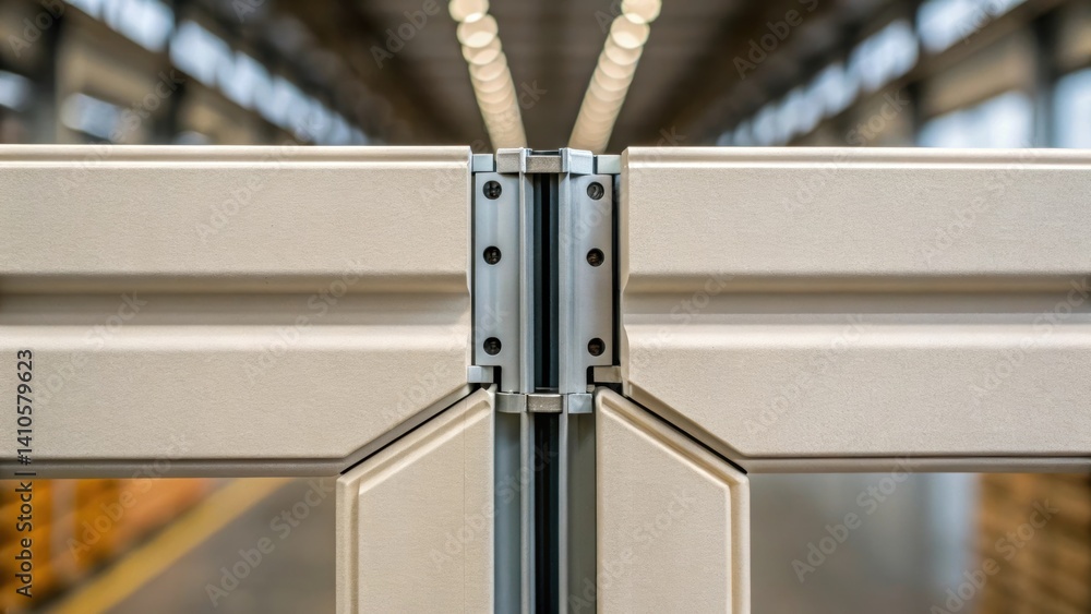 Aufkleber A closeup of a corner joint between two prefabricated wall panels highlighting the advanced interlocking mechanisms that secure walls while accommodating embedded utilities.