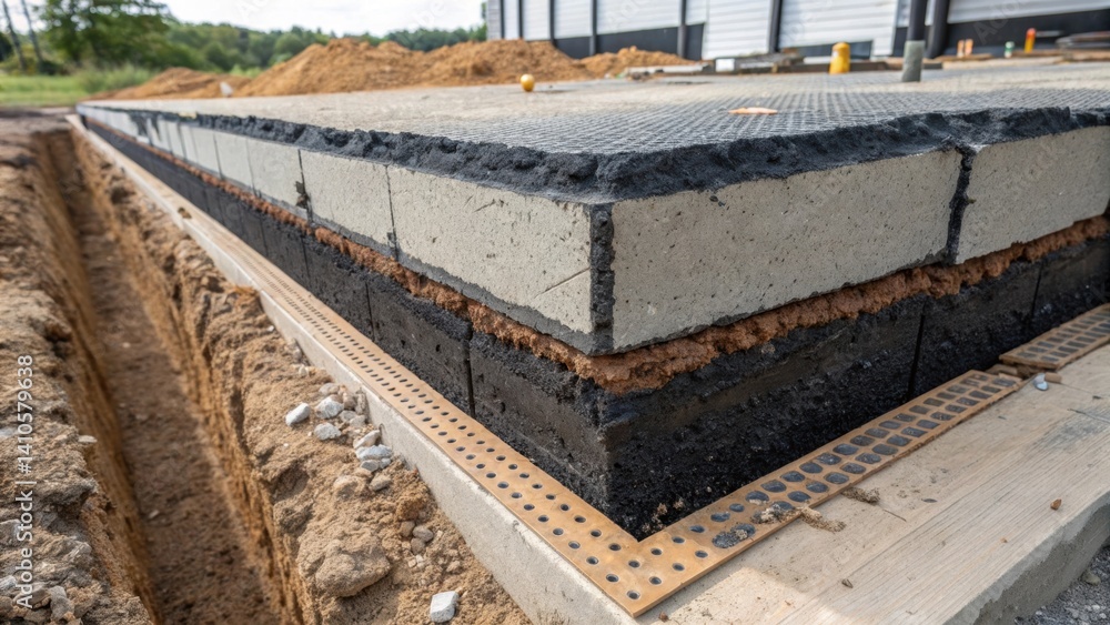 Poster A closeup of a crosssection of a flexible foundation system illustrating layers of shockabsorbing materials and varying densities to mitigate seismic forces from the ground.