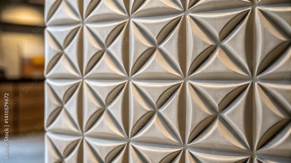Poster A closeup of a decorative wall panel made from 3Dprinted modules emphasizing the interlocking system and customizable design that allows for unique patterns and textures on walls.