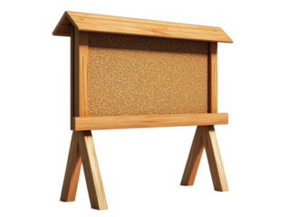 Wooden community notice board with cork backing, neighborhood communication center, public information furniture, white background