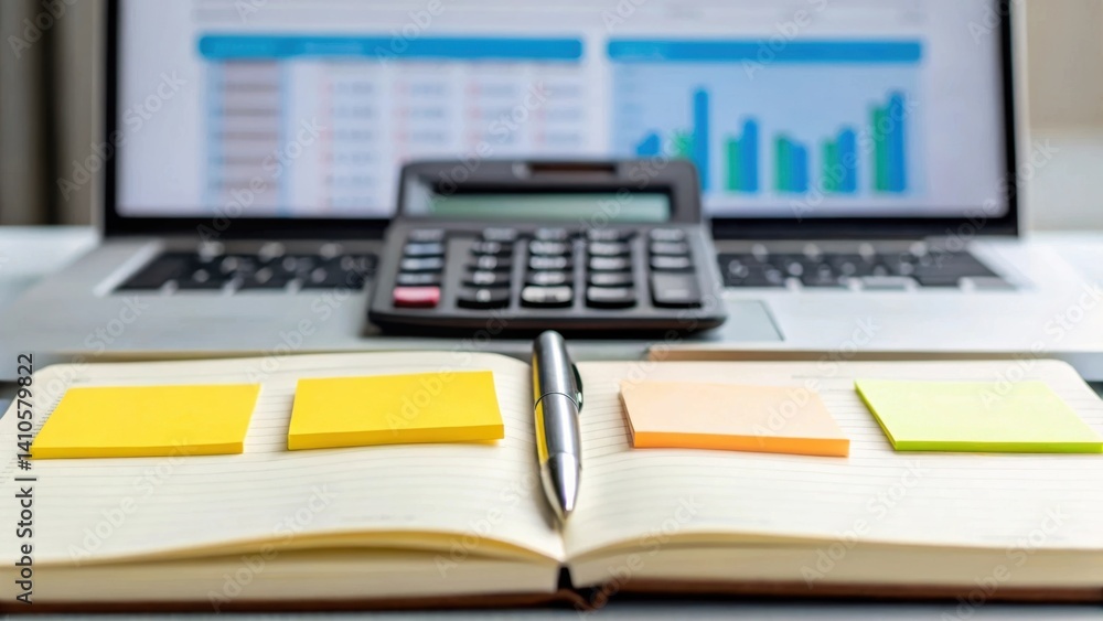 Poster A closeup of a financial analysts workspace featuring sticky notes documents and a visible screen displaying predictive analytics with calculator and pen resting on an open