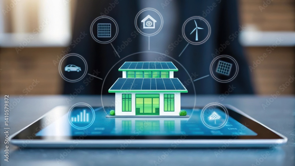 Poster a closeup of a futuristic tablet where a holographic projection of a 3d sustainable building model h