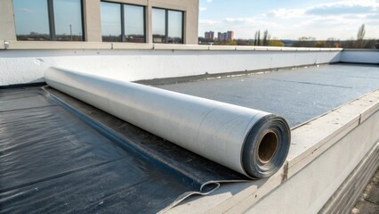 A closeup of a fireproof roofing membrane rolled out across a parapet showing its thickness and protective qualities against harsh weather and fire hazards.