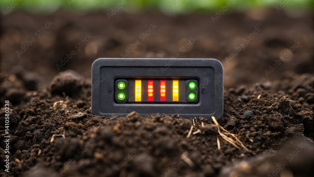 Poster A closeup of a moisture sensor embedded in the soil with its indicator lights glowing indicating optimal soil hydration levels for effective water management.