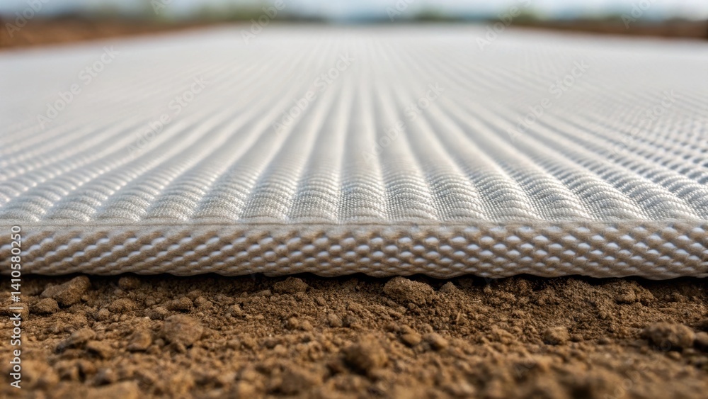 Poster a closeup of an innovative geotextile fabric spreading across the soil surface capturing the fine we