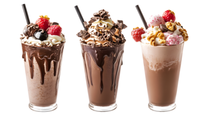 Three chocolate milkshakes with whipped cream and fruit toppings