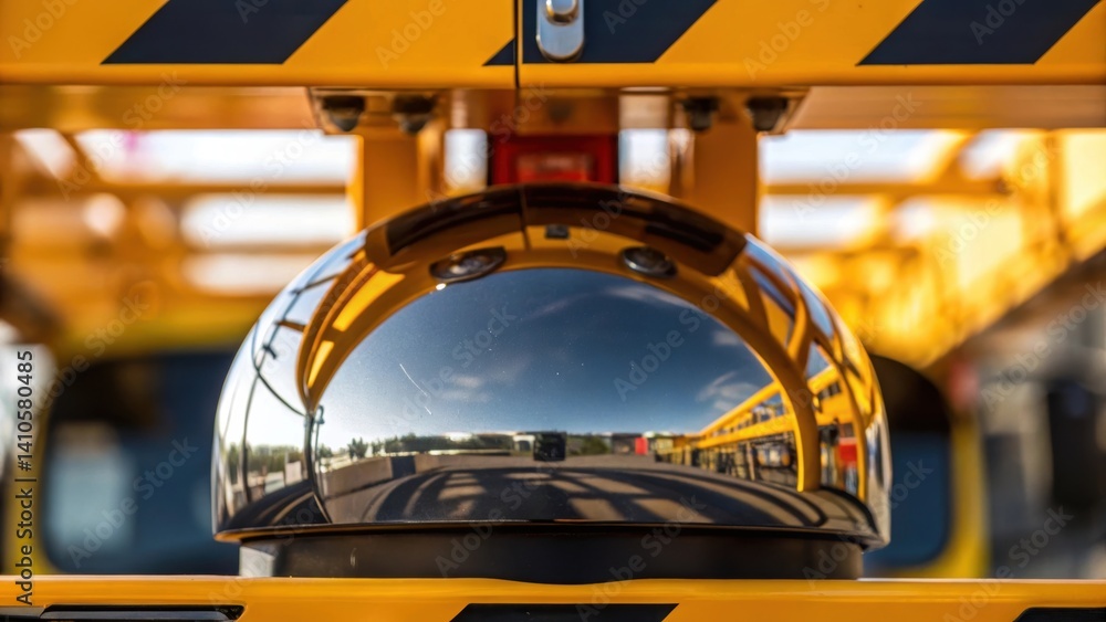 Poster A closeup of a reflective surface on the crane where the shadows of nearby objects and structures are captured illustrating the awareness of surroundings necessary for collision